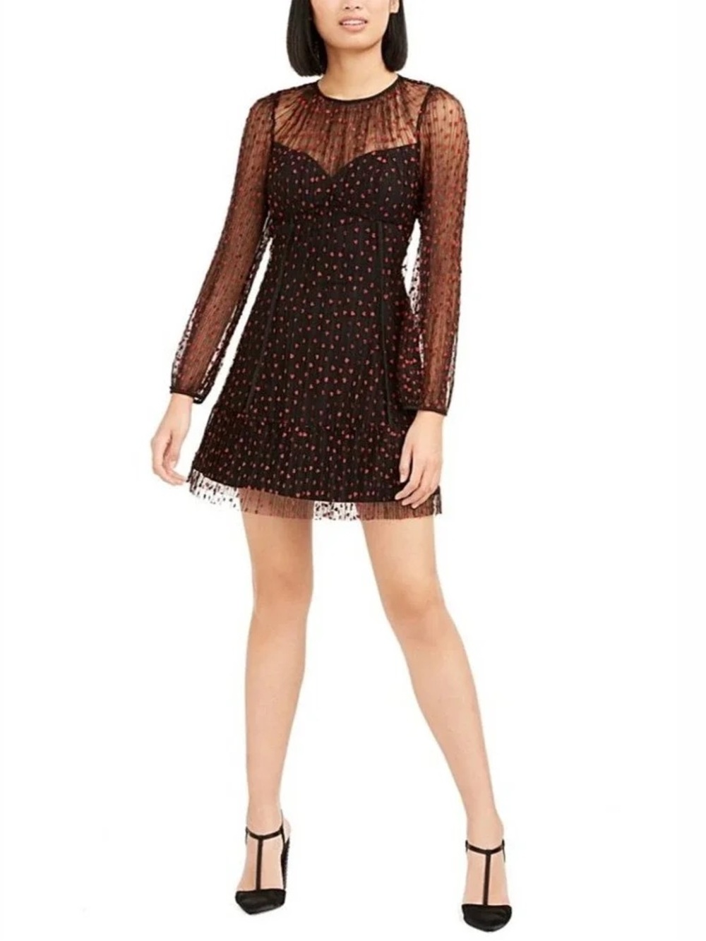 foxiedox Black Mesh Long-Sleeve Mini Dress with Red Heart Print